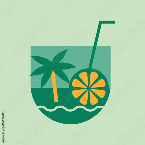 Tropical paradise cocktail illustration with palm tree orange slice and seaside vibe