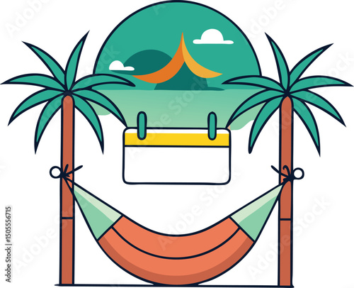 Tropical vacation illustration with palm trees hammock and calendar on transparent background