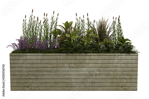 A rectangular planter box, made of light beige stone-like material, contains a lush arrangement of various plants, including flowering purple shrubs, green leafy plants and taller, textured foliage