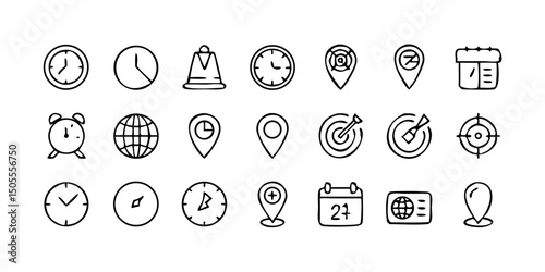 set icon Time, date and location icon set in line style, Containing hourglass, pin, stopwatch, calendar, clock, gps point, flag point, globe point and more, vector illustration