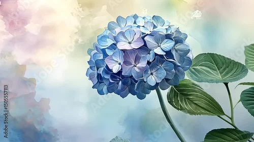 A vibrant blue hydrangea flower standing tall against a soft, colorful background