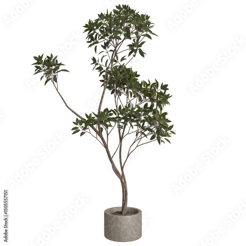 A stylized artificial tree with multiple layered branches and lush green foliage, potted in a minimalist grey container.  The design evokes a natural yet contemporary feel, ideal for indoor spaces
