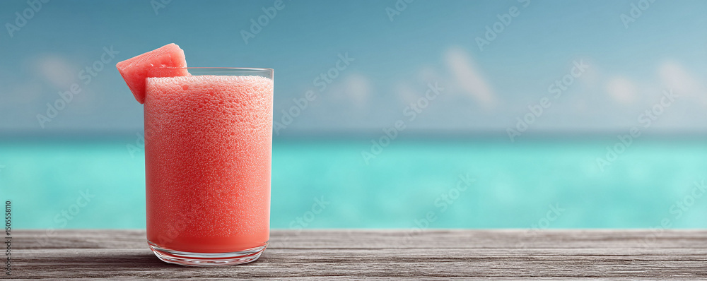Obraz premium Refreshing watermelon smoothie by a tropical ocean. Perfect for summer vibes, healthy lifestyle, and vacation themes. Food and beverage photography.