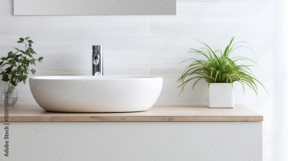 Fototapeta premium A modern bathroom with a white sink and a green plant on a wooden countertop.