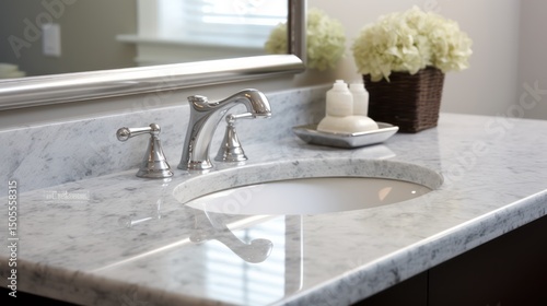 A modern bathroom sink with a marble countertop and a chrome faucet, adorned with a basket of flowers and a soap dish.