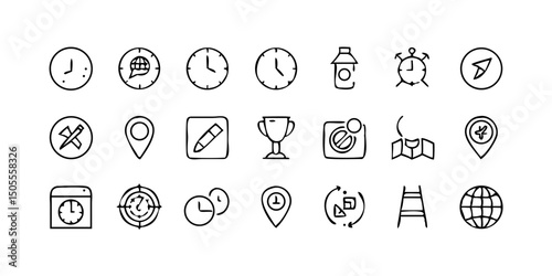 set icon Time, date and location icon set in line style, Containing hourglass, pin, stopwatch, calendar, clock, gps point, flag point, globe point and more, vector illustration