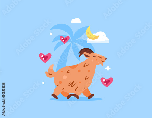 illustration of a goat with a palm tree silhouette, heart symbol, clouds and a crescent moon. sacrificial animal or qurban concept. cute and adorable animal characters. flat style design. eid al-adha