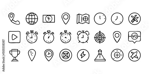set icon Time, date and location icon set in line style, Containing hourglass, pin, stopwatch, calendar, clock, gps point, flag point, globe point and more, vector illustration