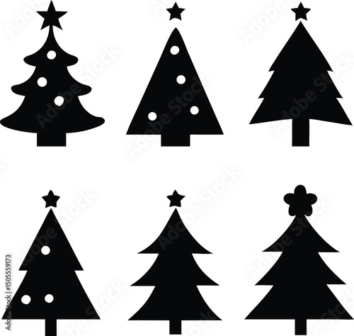Decorative Christmas Tree Silhouettes with Stars and Ornaments for Holiday Designs