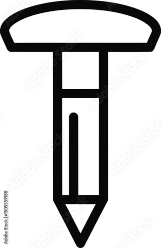 Black Nail Icon: A sleek black line drawing showcases a nail with a broad head and sharp point, symbolizing construction, craftsmanship, and fastening in a minimalist style.