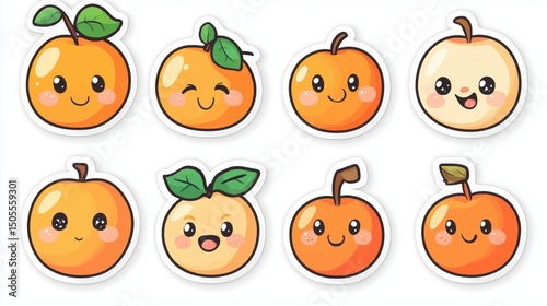 Set of 8 cartoon apricot character stickers with cute faces and different expressions.