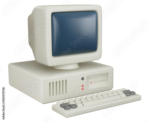 Vintage personal computer with monitor and keyboard isolated vector illustration.
