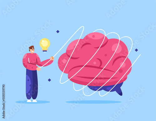 mental health and mind problem solution concept. idea for a problem solving. psychology. illustration of a man trying to untie the rope wrapped around his brain. flat style design. elements, metaphors