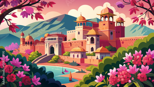 Spring in Jaipur, Rajasthan transforms the Pink City into a floral paradise. Pink Bougainvillea arches bloom gracefully around the ancient Indian fort, creating a magical blend of history and nature.
