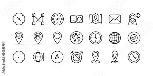 set icon Time, date and location icon set in line style, Containing hourglass, pin, stopwatch, calendar, clock, gps point, flag point, globe point and more, vector illustration