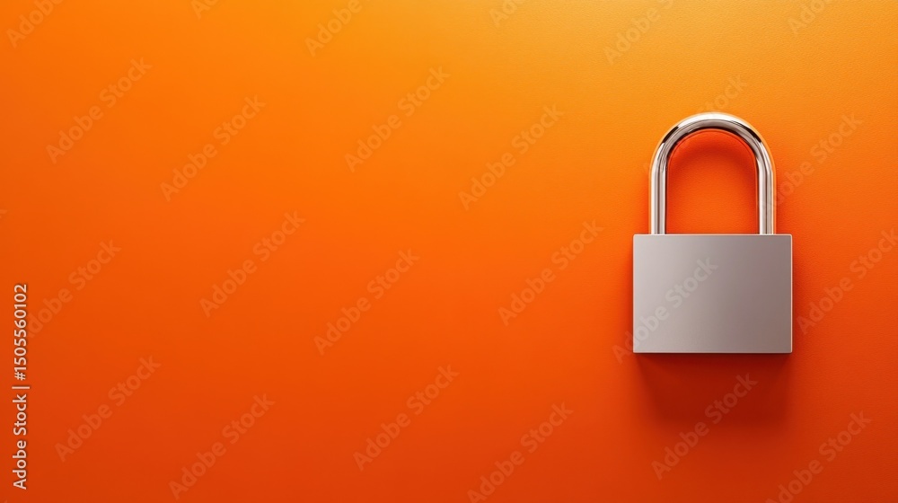 Fototapeta premium Modern silver padlock displayed diagonally on a bright orange backdrop with crisp contrast
