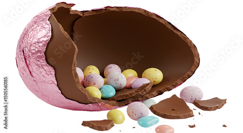 Isolated Photo of Broken Chocolate Easter Egg With Colorful Candies