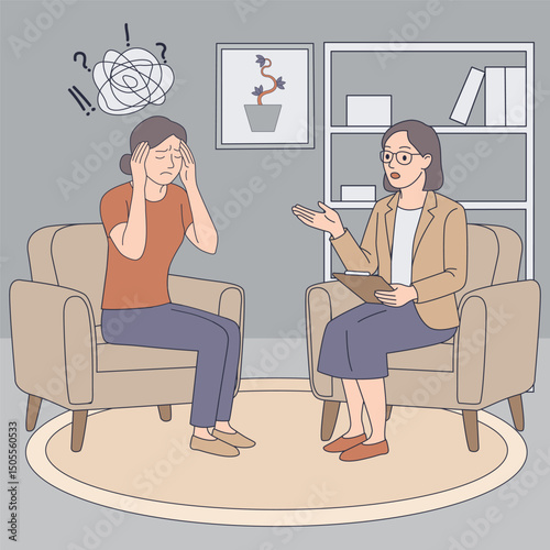 Woman in therapy session. Patient with stress and anxiety talking to psychologist. Mental health support, counseling, psychotherapy, emotional care concept. Vector illustration.