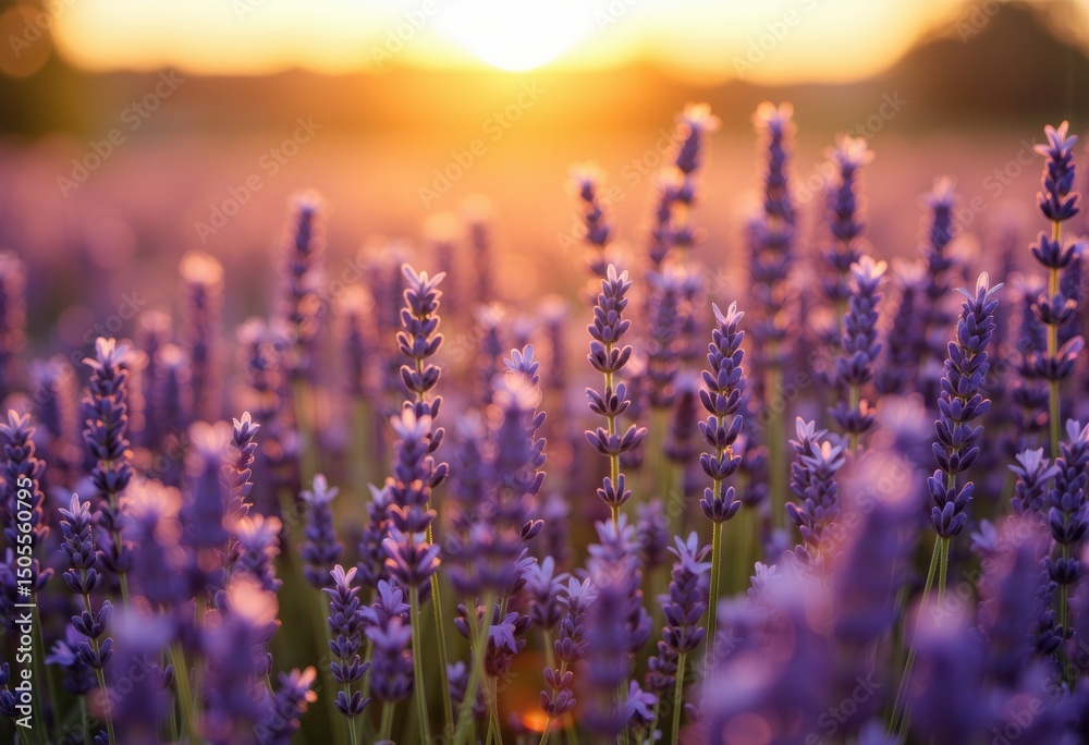 Fototapeta premium Lavender flowers bloom in a field during sunset with warm, golden light