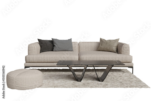 Beige fabric sofa with matching ottoman, a low dark gray glass-top coffee table with a unique V-shaped metal base, all set on a light beige rug