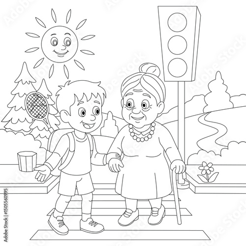 Child helping elderly woman cross the street. Black and white outline drawing for coloring book. Kindness, care, intergenerational support, safety, education concept.