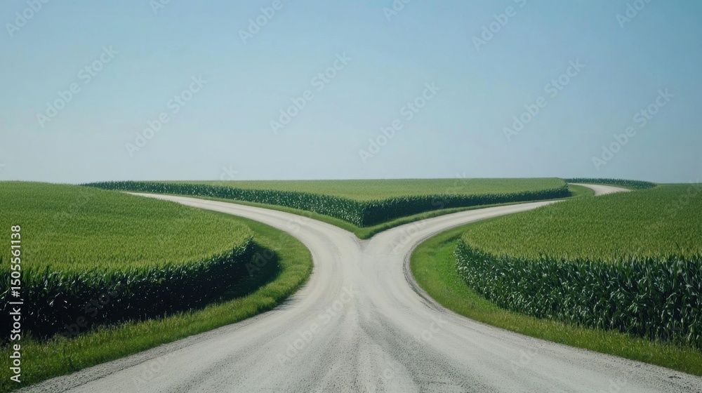 Naklejka premium Rural highway slicing through symmetrical corn plantations on a clear day