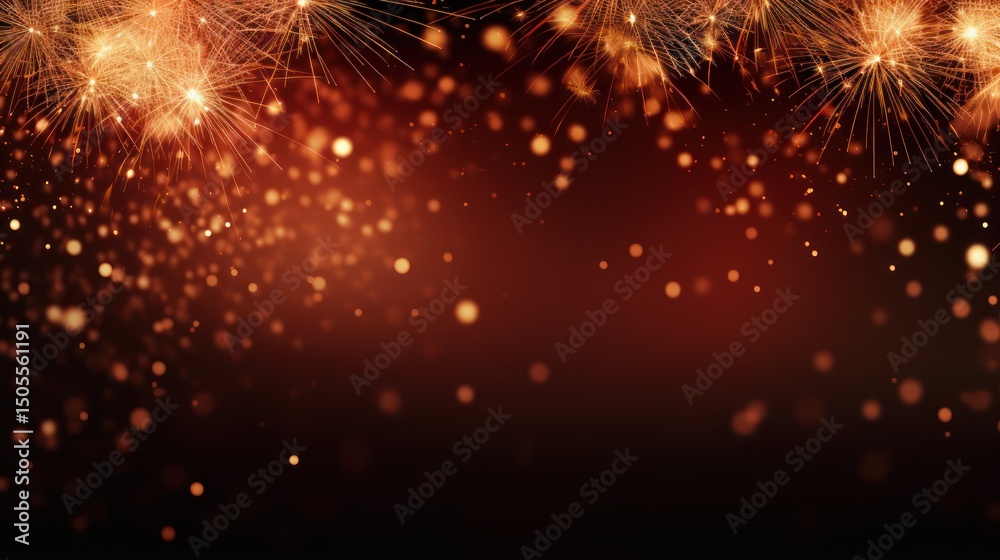 Obraz premium A festive, golden and red fireworks display against a dark, black background, with sparks and particles scattered throughout.