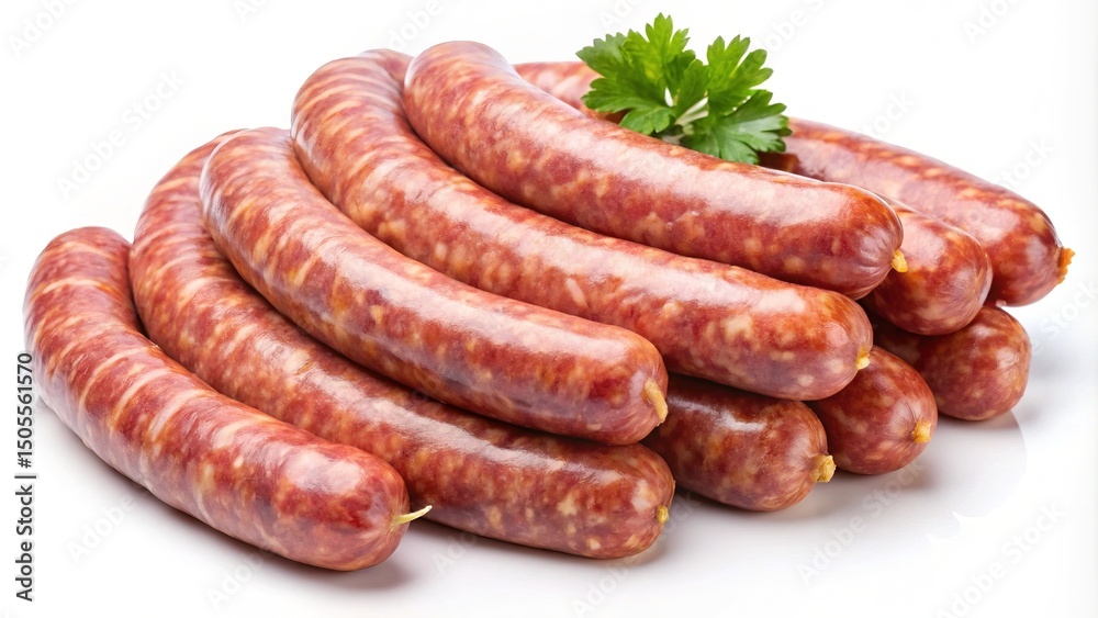 A heap of tasty raw sausages with parsley garnish against a white backdrop A heap of tasty raw sausages with parsley garnish against a white backdrop
