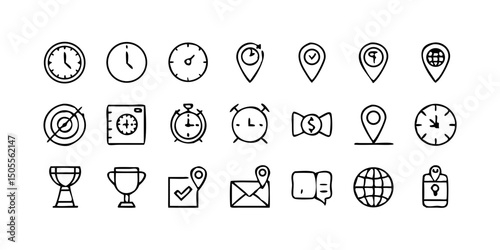 set icon Time, date and location icon set in line style, Containing hourglass, pin, stopwatch, calendar, clock, gps point, flag point, globe point and more, vector illustration