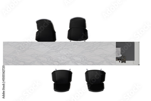 Overhead view of a rectangular conference table with marble top, four black chairs, and built-in storage