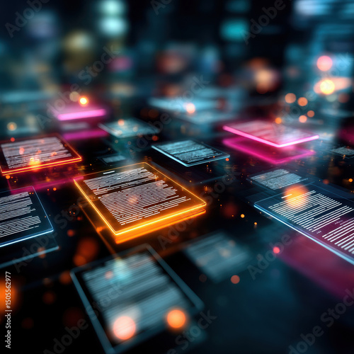 Digital contract icons glowing in neon colors float in futuristic virtual space, creating dynamic and vibrant technology scene