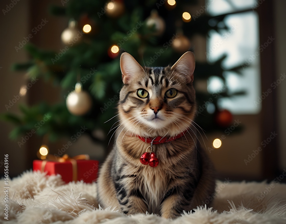 Fototapeta premium Cute tabby cat with red collar near christmas tree