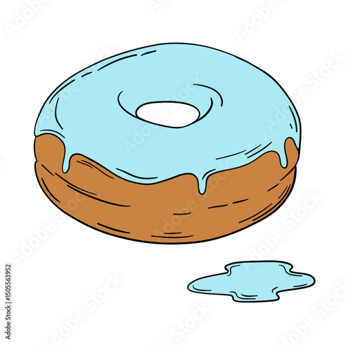 Appetizing donut doughnut with blue frosting and sprinkle. Glazed delicious pastry baked food with icing outline art