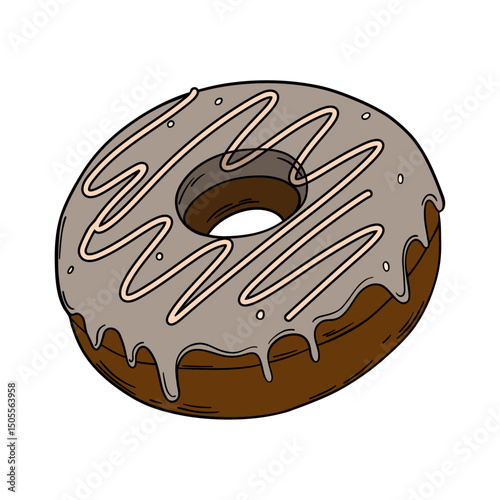 Appetizing donut doughnut with chocolate frosting and sprinkle. Glazed delicious pastry baked food with icing outline art
