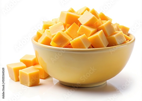 A bowl filled with delicious cubes of cheddar cheese on a white surface
