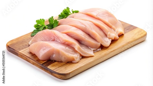 Freshly Sliced Chicken Breast Cutlets on a Wooden Cutting Board Isolated