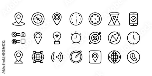 set icon Time, date and location icon set in line style, Containing hourglass, pin, stopwatch, calendar, clock, gps point, flag point, globe point and more, vector illustration