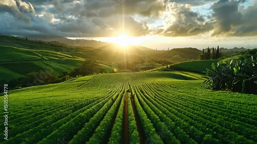aerial view of farmland planted crops, drone shot, seasonal agricultural activity, farming concept, agroindustry, land management