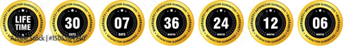 round black and gold warranty badges showing different durations including lifetime, 6, 12, 24, 30, and 36 months	