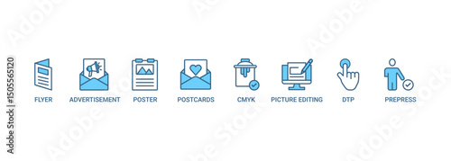 Print banner web icon set vector illustration concept with icon of flyer, advertisement, brochure, poster, postcards, cmyk, picture editing, dtp, and prepress