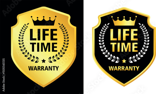 gold and black lifetime warranty badge icons with crown and shield shape used for product guarantee and trust	