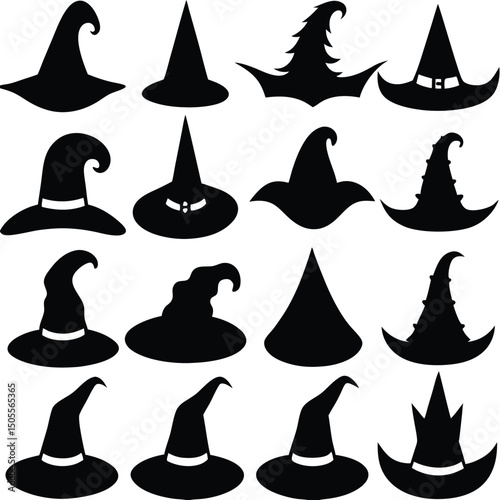Silhouette Collection Variety of Halloween Witch Hat Designs for Spooky Costumes Decorations