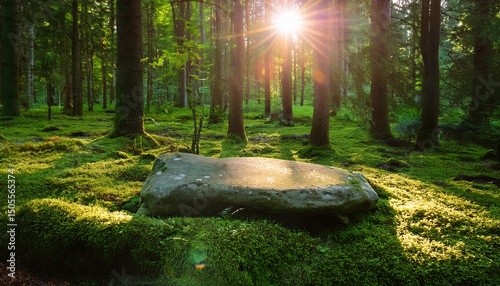 a large flat stone sits in the middle of a lush green forest sunbeams stream through the trees casting a warm glow on the mossy ground