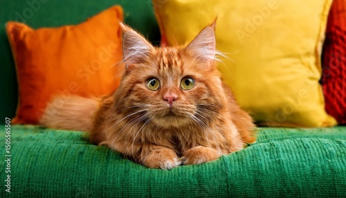 a fluffy orange cat sits comfortably on a soft green blanket gazing curiously with vibrant cushions in the background