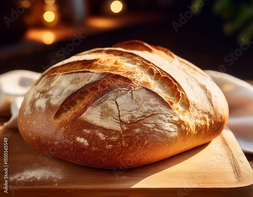 a freshly baked loaf of bread sits on a wooden cutting board showcasing its golden crust and soft interior ideal for culinary blogs recipe books or to enhance food related content