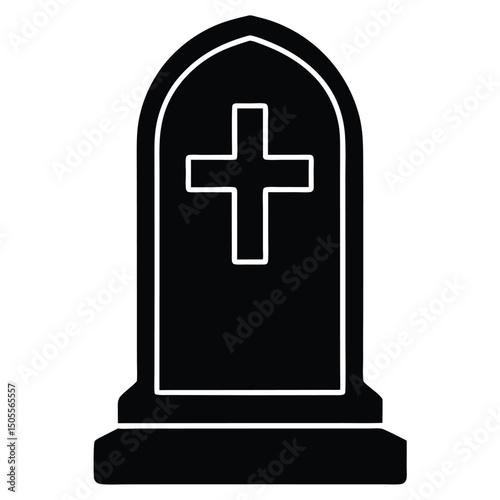 Silhouette Illustration Gravestone with Cross, Gothic Arch Shape, Remembrance Symbol, Religious Monument