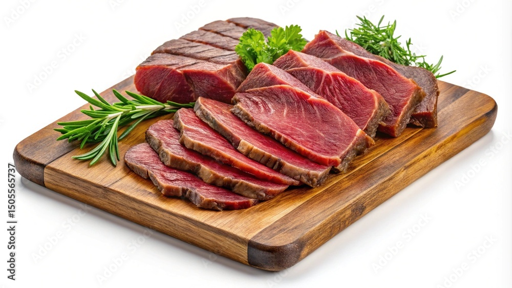 Close up of sliced Roast Beef with Herbs on a Wooden Board Close up of sliced Roast Beef with Herbs on a Wooden Board