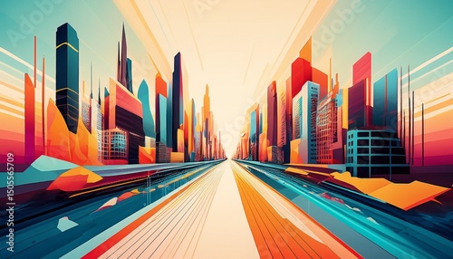 abstract cityscape with colorful geometric shapes and a vanishing perspective ideal for modern art urban planning or creative industry themed projects