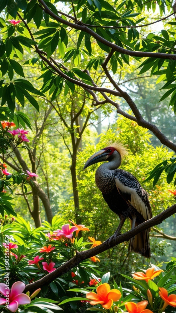 Obraz premium Exotic Hornbill Perched on Branch Amidst Lush Greenery and Blooming Flowers