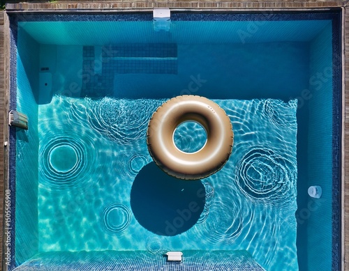 aerial view of a swimming pool featuring an inflatable ring